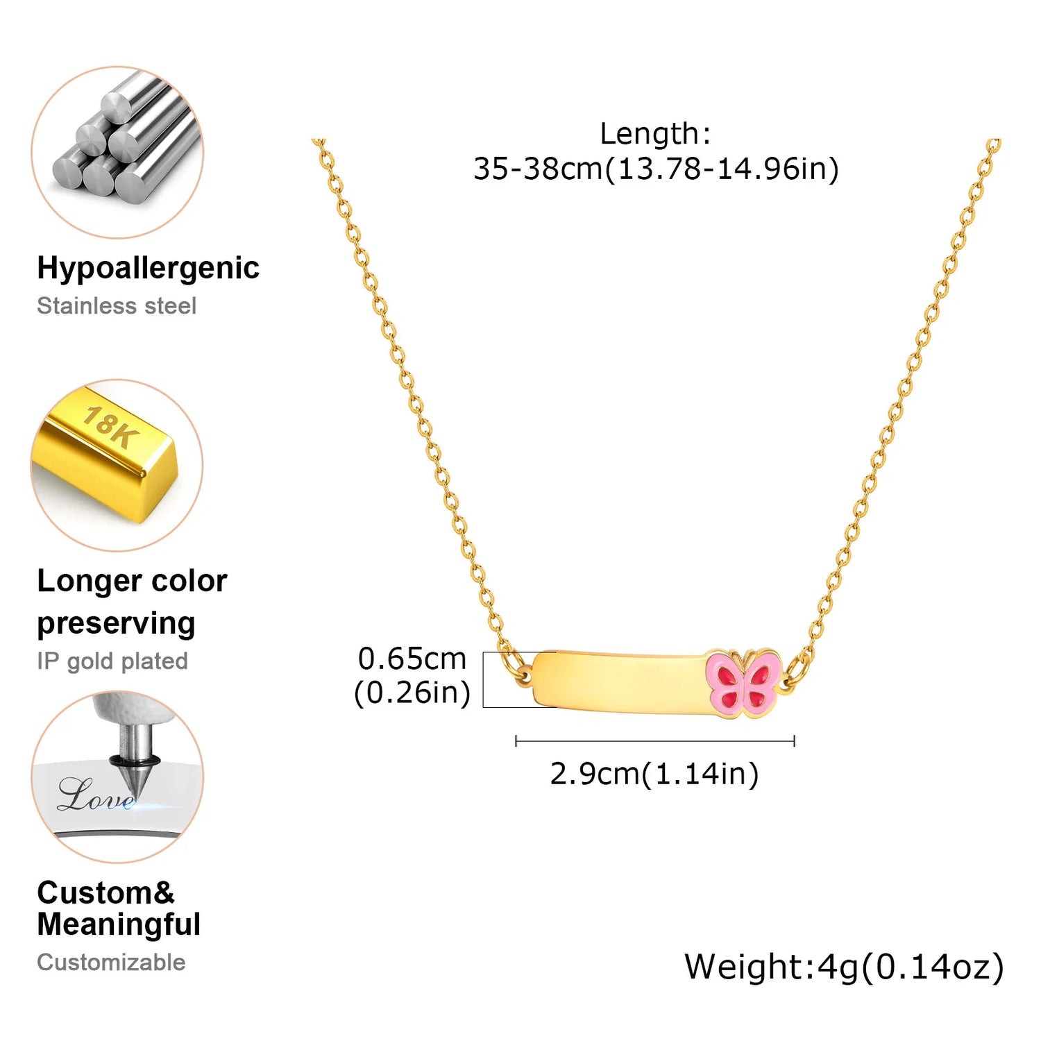 Personalized Name Bar Necklace With Butterfly Flower, Stainless Steel Cute Pendant For Girls Childs Kids Charms Gift