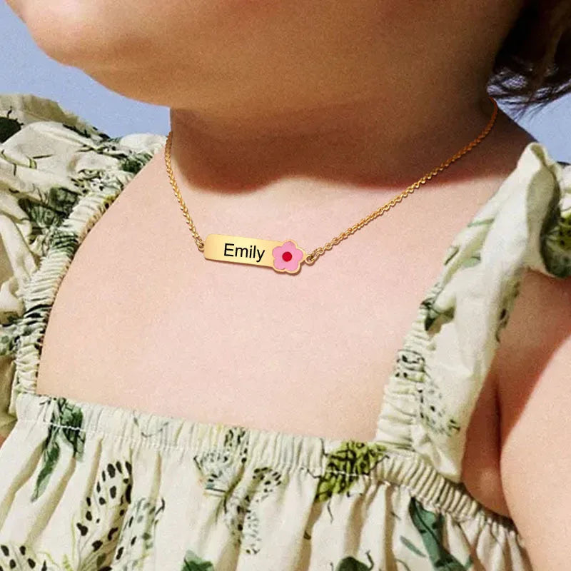 Personalized Name Bar Necklace With Butterfly Flower, Stainless Steel Cute Pendant For Girls Childs Kids Charms Gift